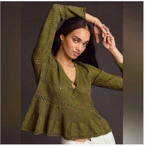 Anthropologie Tops - Anthropologie Pilcro Womens Small Pointelle Babydoll Sweater In Green Boho Beach